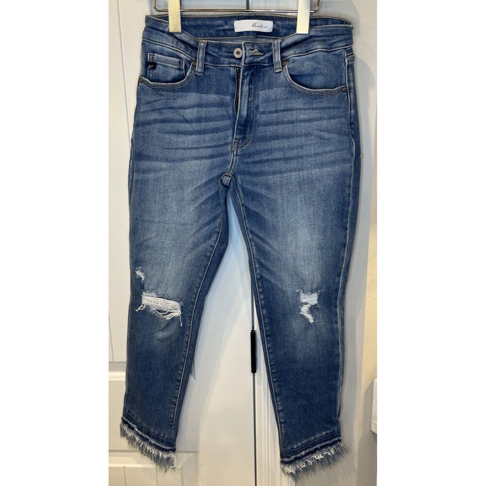 Women's Kancan Camila Medium Wash Frayed Dog Bite  Ankle Jeans - Size 28